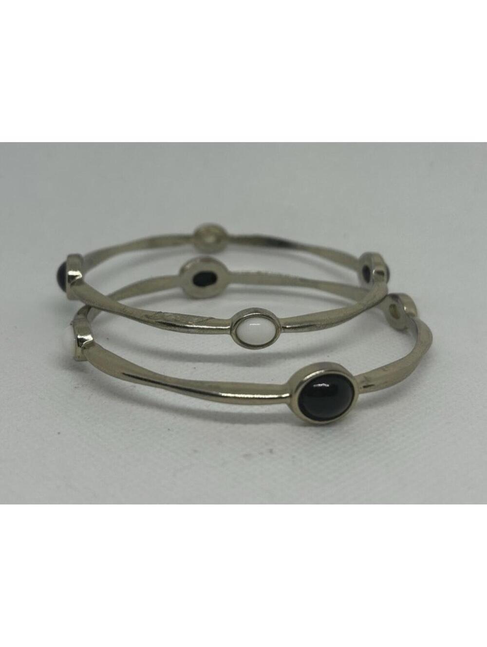 Set of 2 Silver Tone Bangle Bracelets Black White Cabochon Minimalist